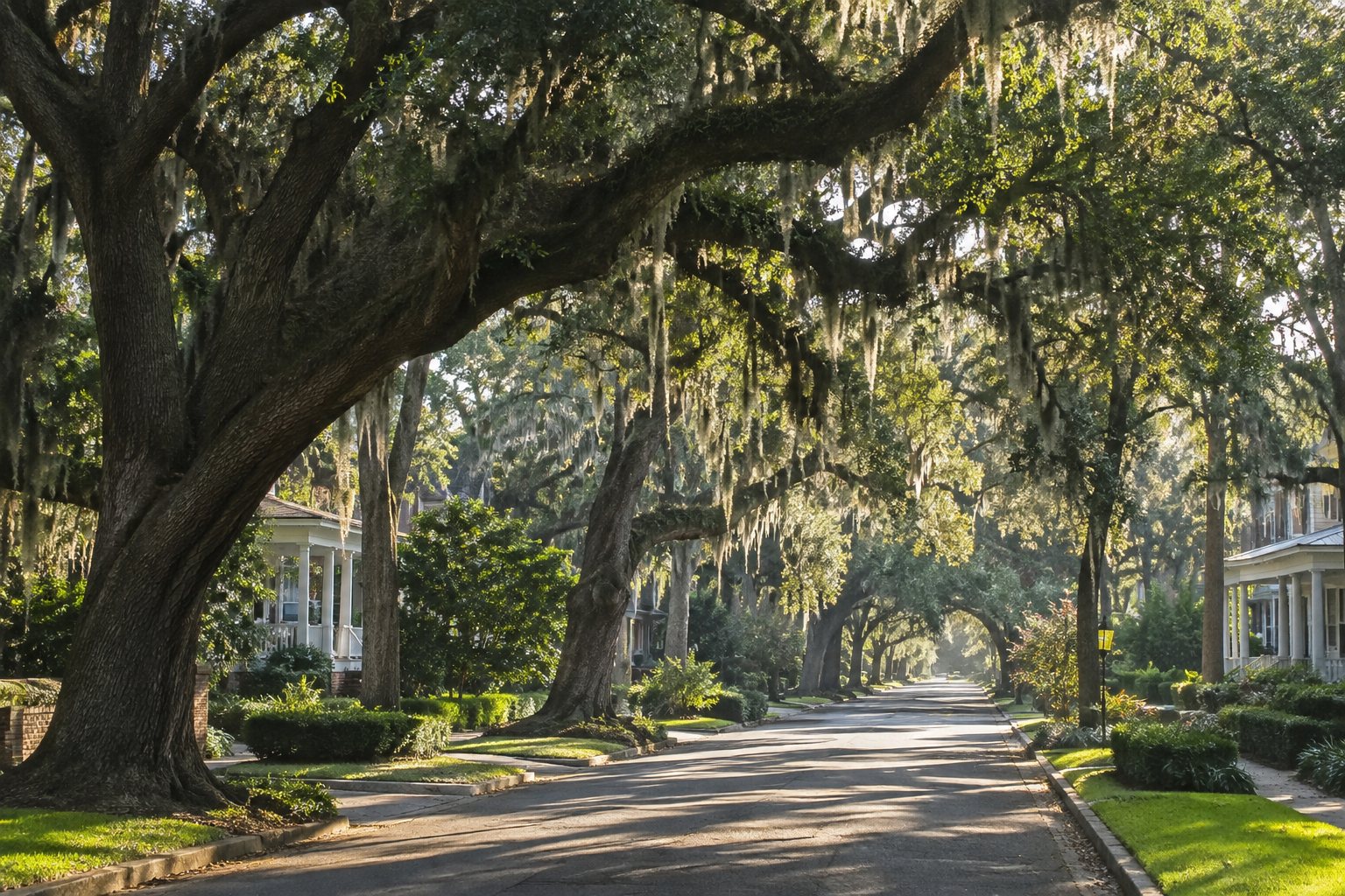A quiet South Alabama street with bungalows, illustrative