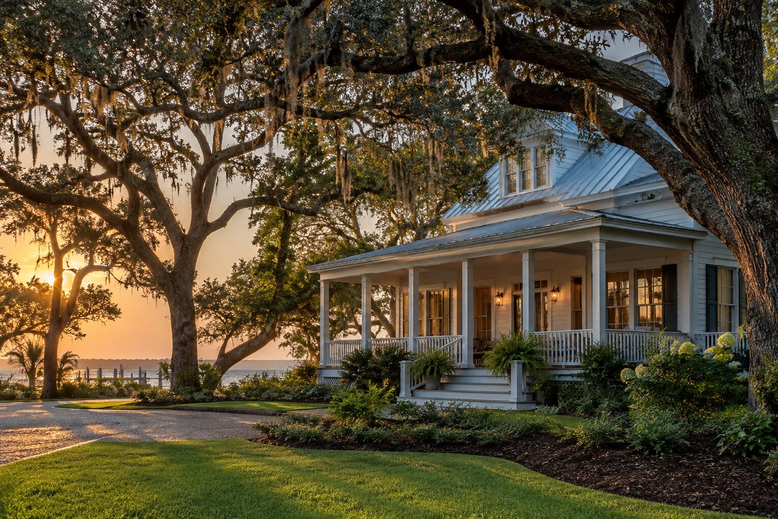 A South Alabama coastal home under live oaks in soft evening light, illustrative